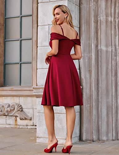 Belle Poque Tea Party Dress For Womens Off The Shoulder Cocktail Formal Dress A-Line Swing Knee Length Vintage Dress Elegant Spaghetti Strap Dress Wine Red Xl #TOP2