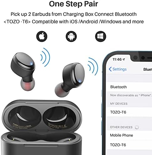 TOZO T6 bezprzewodowe słuchawki douszne Bluetooth Sport Touch control Wireless zestaw słuchawkowy Bluetooth z bezprzewodowym etui do ładowania, mikrofonem Premium Sound Bass czarny
