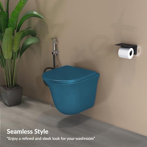 Image of Plantex Ceramic Wall Hung Toilet /Rimless Western Commode for Bathroom /Commode with Soft Closing Toilet Seat - P Trap (Matt Blue)