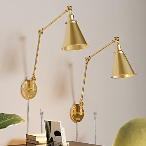 Image of Plug in Wall Sconces Set of Two, Gold Swing Arm Wall Lamp with 6.6FT Plug-in Cord and Knob Switch, Metal Hardwired Wall Lights for Bedroom, Reading, Study Room, Office, Living Room (2 Pack)