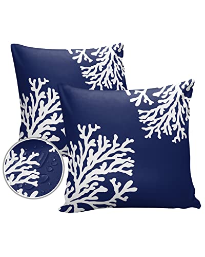 LBDecor Outdoor Throw Pillow Covers 24x24 Waterproof Navy Blue Coral Branches Outdoor Pillows Decorative Pillow Covers Cushion Covers Pillowcase for Patio Garden Couch Set of 2, Coastal Beach Theme