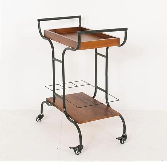 Kitchen Trolley Kitchen Storage 2 Tier Trolley Wrought Iron Dining Car Solid Wood Rolling Cart Hotel Restaurant Cafe Mobile Kitchen Storage Cart Kitchen Furniture-16n4Guhv