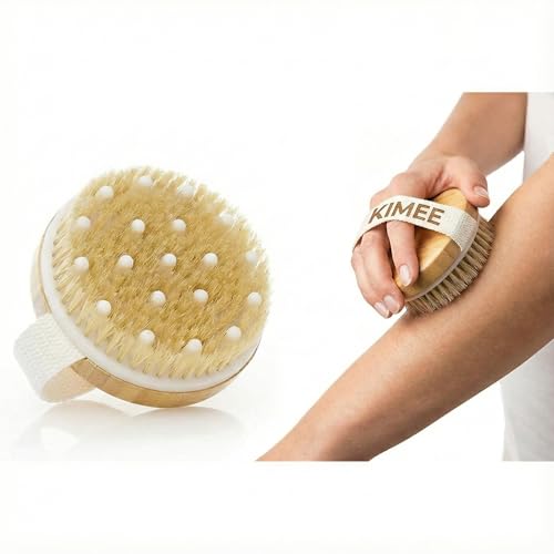 Image of KIMEE Premium Dry Body Brush for Lymphatic Drainage & Cellulite Reduction - Natural Boar Bristle Exfoliating Scrubber with Massage Nodes - Skin Tightening & Circulation Booster for Smoother, Glowing Skin