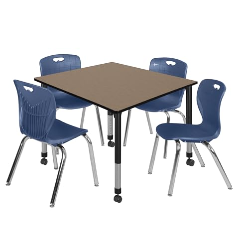Regency Kee 48 in. Square Mobile Adjustable Classroom Table- Noble Oak Top, Black Base & 4 Andy 18 in. Blue Stack Chairs