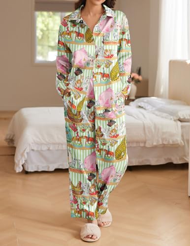 Ekouaer Womens Satin Silky Pajama Set 2 Piece Print PJs Soft Loungewear Button Down Sleepwear with Elastic Waist Long Pants