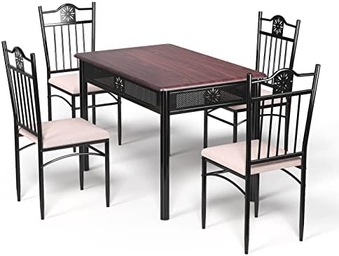 TANGZON 5PCS Dining Table Set, Steel Frame Rectangular Kitchen Table with 4 High Back Sponge Padded Chairs, 5 Pieces Dining Set for Living Room, Dining Room, Cafe & Restaurant (Fabric Seat, Purple)