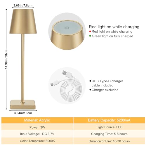 kelary 2 Pack Rechargeable Cordless Table Lamps, 5200mAh Battery Touch Table Light, Aluminum Shell Stepless Dimmable Portable LED Desk Lamp for Dinner/Restaurant/Outdoor Gold by kelary - Image 4