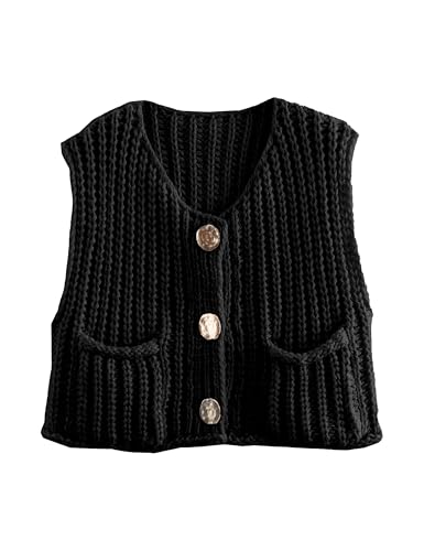 Women's Chunky Cropped Sweater Vest Sleeveless Button Down Trendy Cardigan Knit Crop Tops with Pockets