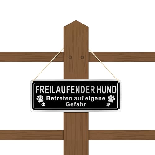 SINMAO Vorsicht Freilaufender Hund Schild Metall 9x25cm,Betreten Auf Eigene Gefahr Hier Wache Ich Gebürstetes Aluminium