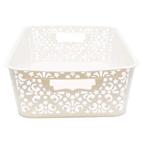 Image of Cutting Edge Essentials Plastic Storage Baskets /Shelf /Turkish Rack with Lid - Set of 2 for Fruit Vegetable Bathroom Stationary Home Basket with Handle (Cream, Medium)