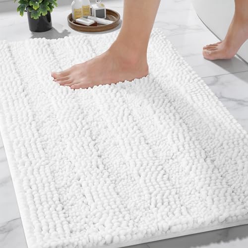 Yimobra Bathroom Rug Mat Non Slip and Super Absorbent Bath Mat Machine Washable Quick Dry Ultra Plush Chenille Shower Rugs for Bathroom Floor Sink Tub and Shower Outside White 24 x 17