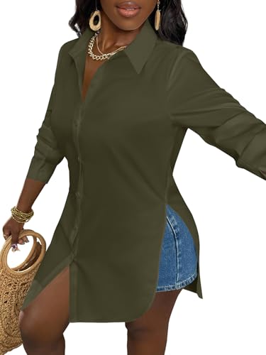 Image of LYANER Women's Collar Neck Long Sleeve Button Down Shirts Sexy Split Hem Tops Long Blouse Shirt Dress