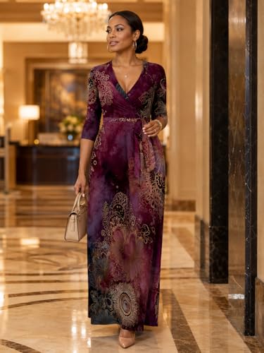 Image of PinkPatty Plus Size Maxi Dresses for Women Casual Flowy Long Dress 3 /4 Sleeve V Neck Wrap Dress with Belt