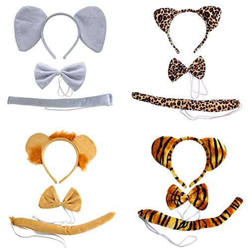Image of Virtue Morals 4 Sets Zoo Animal Headbands for Adults, Halloween Ears and Tail Set Costume Accessory