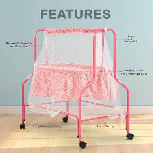 Image of BAYBEE Enchant Baby Swing Cradle for New Born with Mosquito Net, Lock Swing & 360 Rotating Wheels | Jhula Palna for Infants Boys Girls | Pink