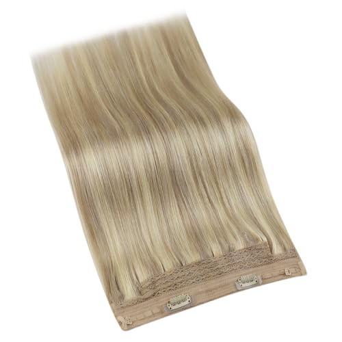 Image of YoungSee Wire Hair Extensions Blonde, 12 Inch 75g Short Straight Human Hair Wire Extensions, Golden Blond with Light Blonde Highlights, One Piece Hair Extensions, Easy to Wear for Beginners