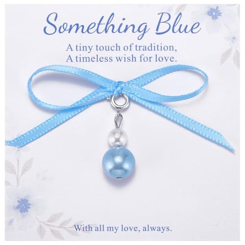 Image of MIXJOY Something Blue Gift for Bride, Wedding Day Bridal Blue Pearl Angel Wings Bouquet Garter Charm for Bride to Be