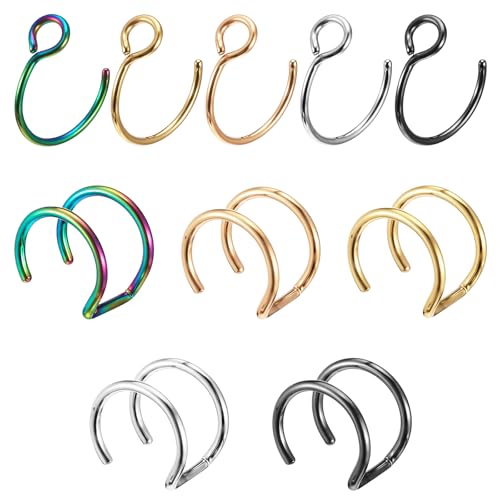 Nose Rings Hoops Double Hoop Nose Ring, 10 Pcs Fake Noses Ring Lip Rings Stainless Steel Fake Lip Piercing Clip On Ear Cuffs Non Piercing Jewelry for Women Men, 8mm
