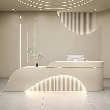 Reception Desk - Modern Reception Desk Counter Desk with LED Light Strips & Wavy Panel & Easy to Clean | Customizable Logo, for Store Shop Clinic Office 72, Creamy Yellow