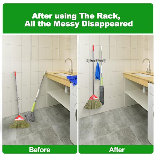 Image of voze 2 Racks and 3 Hooks Mop and Broom Holder Wall Mount, Self Adhesive Heavy Duty Broom Organizer Storage Tool Racks for Kitchen Garden Laundry Garage