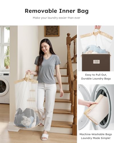 SOLEDI Laundry Hamper with Lid 100L Large & Tall Collapsible Laundry Basket, Clothes Hamper with Bag Removable Easy to Carry, Dirty Hampers for Bedroom, Bathroom, Dorm, College, Chocolate