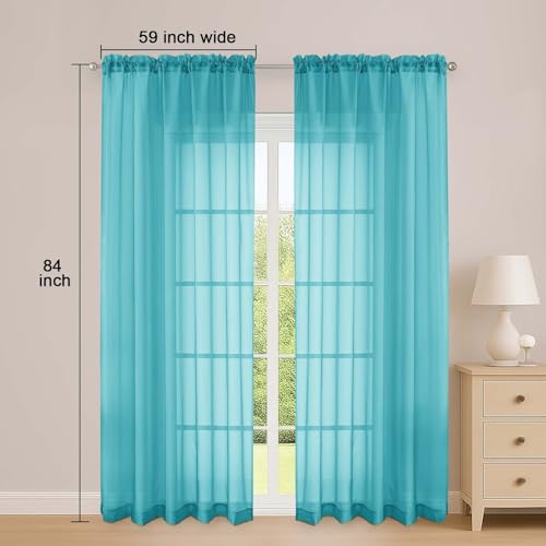 Image of OWENIE Sheer Curtains 84 Inches Long 2 Panels Set, Sheer Turquoise Curtains for Living Room Bedroom 59 Inch Extra Wide, Modern Voile Filmy Rod Pocket Drapes, 2 Pcs, Each 59 W x 84L, Turquoise