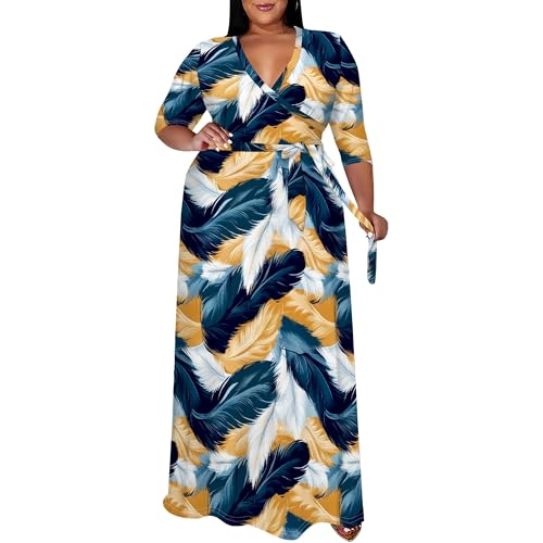 Image of SUZONANA Plus Size Maxi Dresses for Curcy Women Casual Loose 3 /4 Sleeve Long Dress with Belt