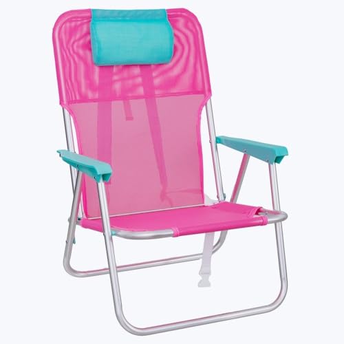 Silla Playa Camping Mochila Junior, Plegable de Aluminio y textileno Rosa, Silla Fija de 55x40x71 cm, con cojín Cervical Aguamarina, Correas Acolchadas y Ajustables