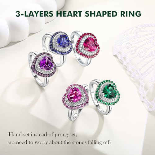 Heart Rings for Women 925 Sterling Silver Promise Ring 3-Layers Created Gemstone Wedding Engagement Rings for Women Size 6 to 104