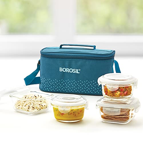 Borosil Teal Glass Luncboxes With Carrybag, Set Of 4 (320 Ml X 2 + 240 Ml X 2), Universal, Lunchboxes For Office & College, Microwave Safe, Leak Proof #TOP15