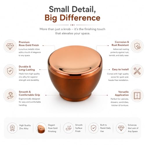 Image of Premium Zinc Cabinet Knob for Wardrobe, Kitchen, Drawer, Cupboard, Dresser & Furniture | Modern Round Mushroom Pull Handle | Heavy Duty Decorative Hardware | Single Piece Variant (Rose Gold)