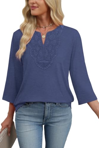 Image of WIHOLL 3 /4 Length Sleeve Womens Tops Boho V Neck Lace Shirt Trendy Blouses Dressy Casual Vacation Clothes S-3XL