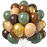 60 PCS Sage Green, Gold, Brown Latex Balloons - Woodland Camo Army Olive Green, Dark Brown, Coffee Nude Gold Party Balloons for Jungle Safari Woodland Hunting Birthday Decorations