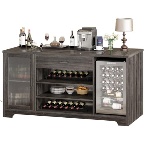 HSH Coffee Bar Cabinet with Wine Mini Fridge Space, Farmhouse Large Liquor Cooler Cabinets with Drawer Storage Rack, Modern Wood Metal Big Long Sideboard Buffet for Kitchen Dining Room, Gray, 70 Inch