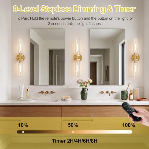 Image of Battery Operated Wall Sconces Set of Two, Brushed Gold Wall Light fixtures with Wireless Remote Control,Rechargeable Dimmable Wall Sconces with 3000K Bulbs for Bathroom Mirror Living Room Bedroom
