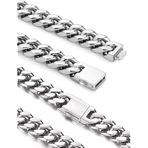 Cuban Link Chain for Men Necklace 316L Surgical Steel Silver Color Chain Mens Thick Chunky Hip Hop Jewelry 7/9/11/13mm Width 18″ 20″ 22″ 24″ 28″ Length, Fine Polished Push Clasp Box