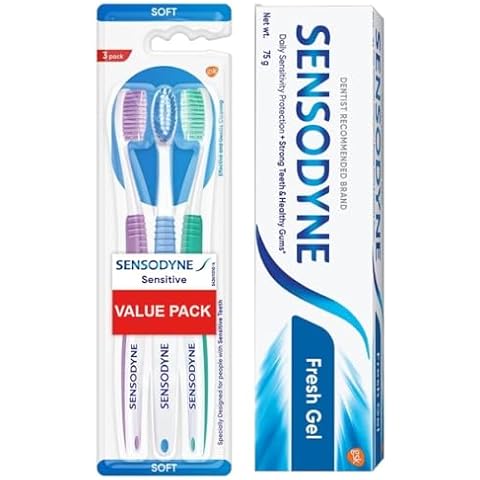 Pack of 3 Sensitive Toothbrush Bundle with Fresh Gel Toothpaste 75g (2.64 oz) Cover