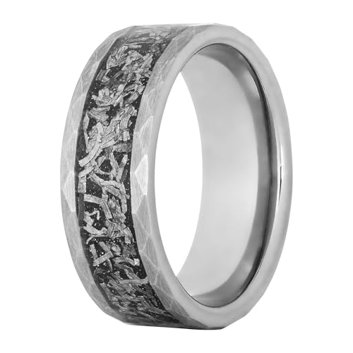 Gentlemen's Bands Silver Tungsten Men's Wedding Band with Hammered Finish & Black Meteorite Inlay 8mm | Engagement/Wedding Ring for Men | Includes Silicone Band, Leather Pouch & Luxury Walnut Box