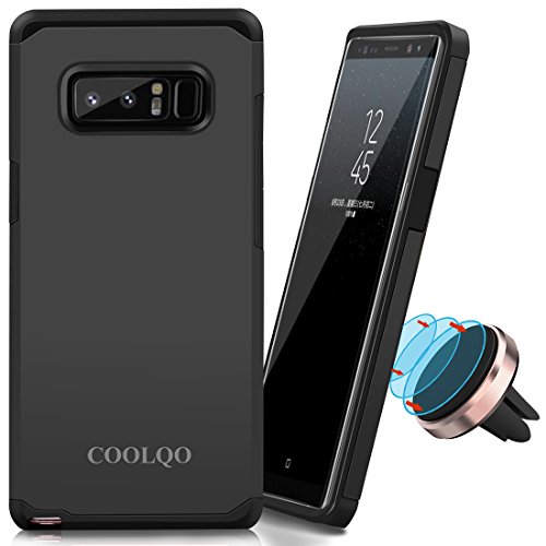 for Samsung Galaxy Note 8 Case (Black), COOLQO [Dual Layer] [Shock Absorbent] Armor Hybrid Defender Anti-Drop Protective Shockproof Cover Skin + Phone Metallic Plate for Any Magnetic Car Mount