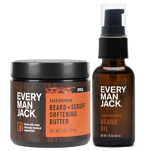 Every Man Jack Beard Oil & Scruff Softening Butter Bundle - Aged Bourbon Fragrance - Rejuvenates, Hydrates & Styles Dry Beards - Naturally Derived with Cocoa Butter and Shea Butter