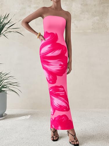 Image of PRETTYGARDEN Women Summer Strapless Maxi Dress Bodycon Floral Sexy Long Wedding Guest Dress Formal Tube Mesh Cocktail Dresses