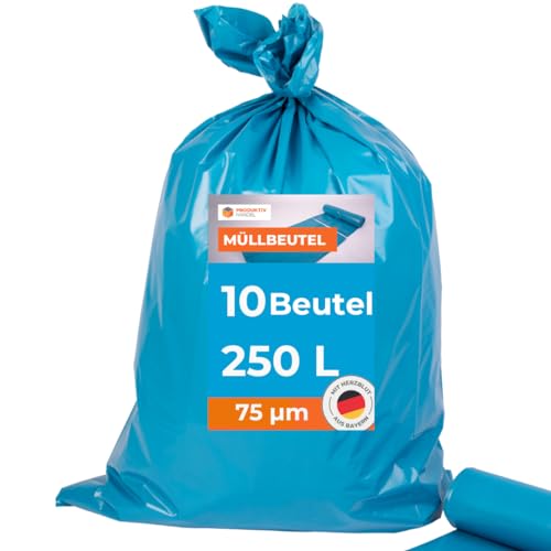 Müllsäcke 10 Stück - 1 Rolle | 250l extra große starke blaue Müllbeutel | große stabile Abfallsäcke 75µm | 100% Recyclinganteil | sehr reißfest & wasserdicht