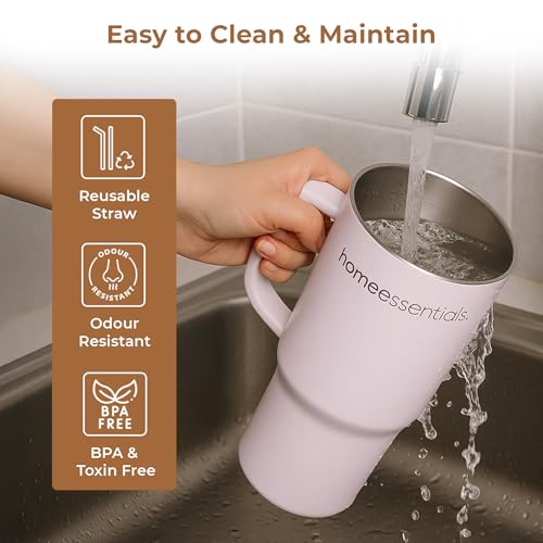 Image of HomeEssentials 1200ml Stainless Steel Tumbler with Lid & Straw - Vacuum Insulated, Spill-Resistant - Keeps Drinks Hot or Cold for 12 Hours - Ideal for Office, Gym & Travel - (White)