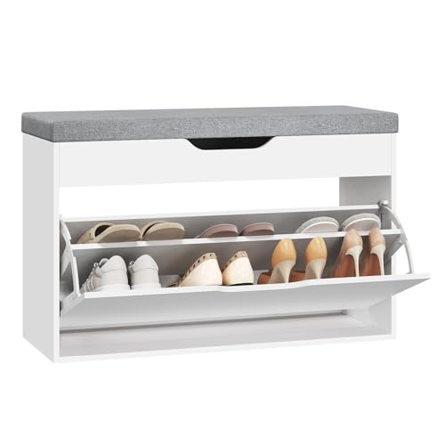 WOLTU Zapatero Entrada Recibidor, Banco Zapatero Abatible 2 Niveles, Banco Almacenamiento Oculto, Organizador Zapatos Madera, Sapateira para Salón Pasillo Recibidor Entrada, Blanco y Gris