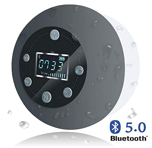 VICTORSTAR Altoparlante Bluetooth Impermeabile da Doccia Altoparlante S602 con Microfono Incorporato Radio FM Schermo LCD Carta di TF Giocando Ventosa per Doccia/Bagno/Casa/Esterno (Grigio)
