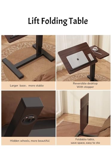 Image of Portable Overbed Rolling Desk, Height Adjustable Mobile Standing Table, Foldable 31 Inch Small Laptop Bedside Desk with Tiltable Desktop, Hidden Wheels, Tray Table for Bed Sofa Side, Walnut