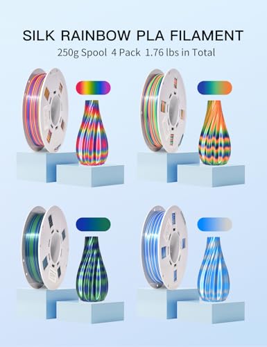 Image of PINBALL Silk Rainbow 3D Printer Filament Bundle, Shiny Multicolor PLA Filament Fast Color Change, 250g Spool, 4 Rolls, 4 Colors