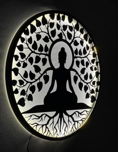 Image of M.K Handicraft Buddha Metal Wall Art 3D Wall Art 24 IN Wall Hanging with Led Backlight Decorative Showpiece - 60 cm (Iron,Black) for Living Room, Bedroom, Dining Room