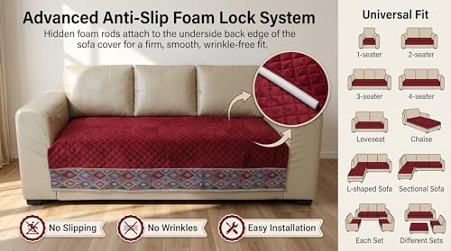 Image of Maroon Velvet Sofa Mat, L Shape 3+3 | Full Cover for Seat & Back, Anti-Skid, Machine Washable