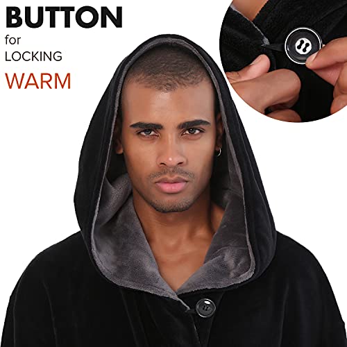 Mens Large Hooded Long Bathrobe with Chest Button,Big Tall Fleece Housecoat Extra Lightweight and Warm3